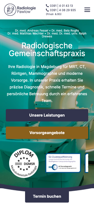 Original-Screenshot: mobile Startseite der Radiologie Pawlow